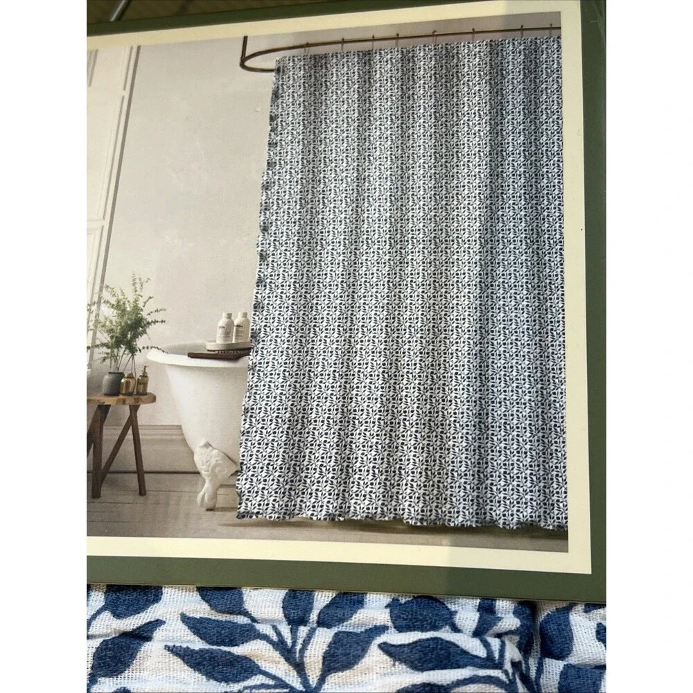 Morris & Co. Rosehip Shower Curtain Dark Blue White Cotton Gauze Ruffled Trim